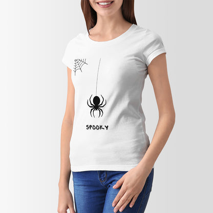 White Round Neck Classic Printed Classic T-Shirt Spooky Spider | Women