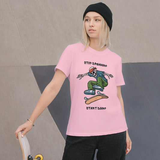 Pink Round Neck Classic Printed Classic T-Shirt Stop Dreaming Start Doing Skate | Women