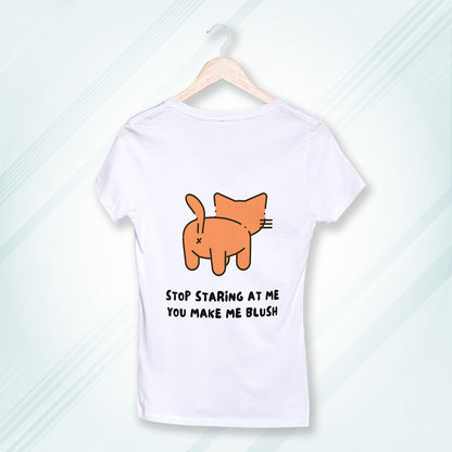 White Round Neck Classic Printed Classic T-Shirt Stop Staring Cat | Women