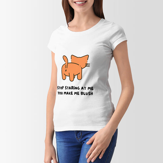 White Round Neck Classic Printed Classic T-Shirt Stop Staring Cat | Women