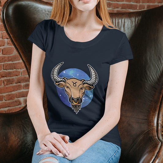 Navy Round Neck Classic Printed Classic T-Shirt Taurus Horoscope | Women