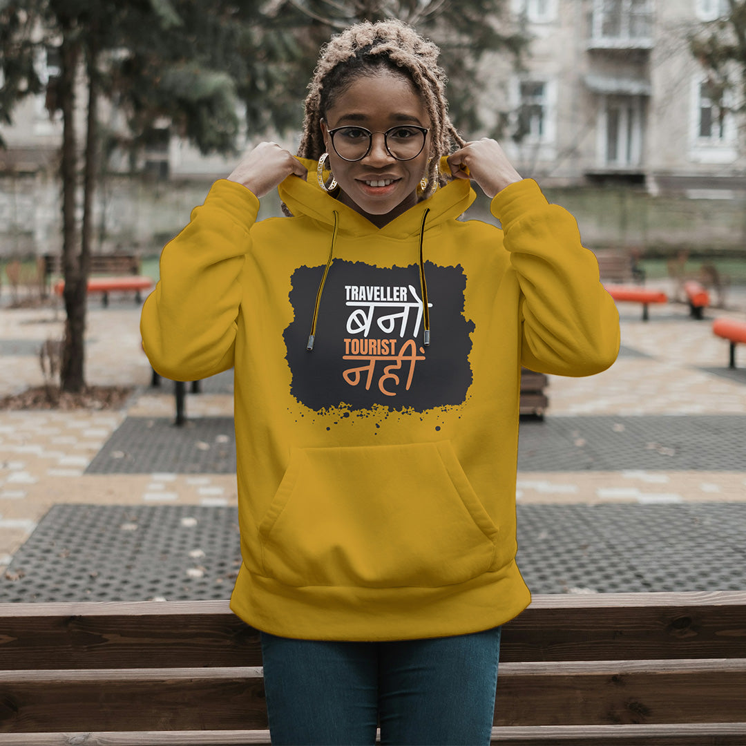 Mustard Yellow Solid Hooded Sweatshirt | Traveller Bano Tourist Nahi Unisex Hoodies