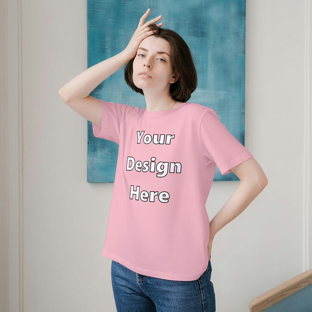 Light Pink Round Neck Cotton Classic Crew T-shirt Front Customized Design | Unisex