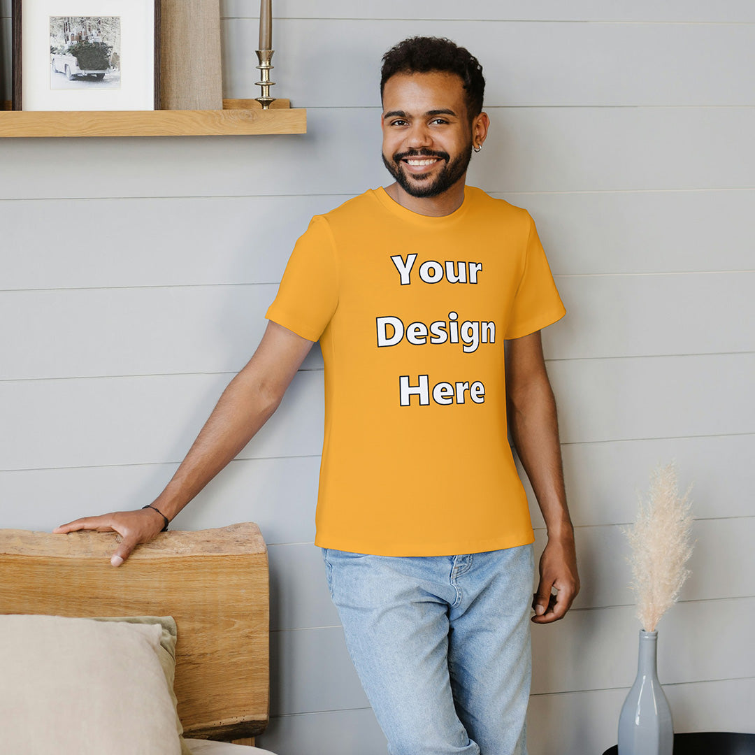 Golden Yellow Round Neck Cotton Classic Crew T-shirt Front Customized Design | Unisex