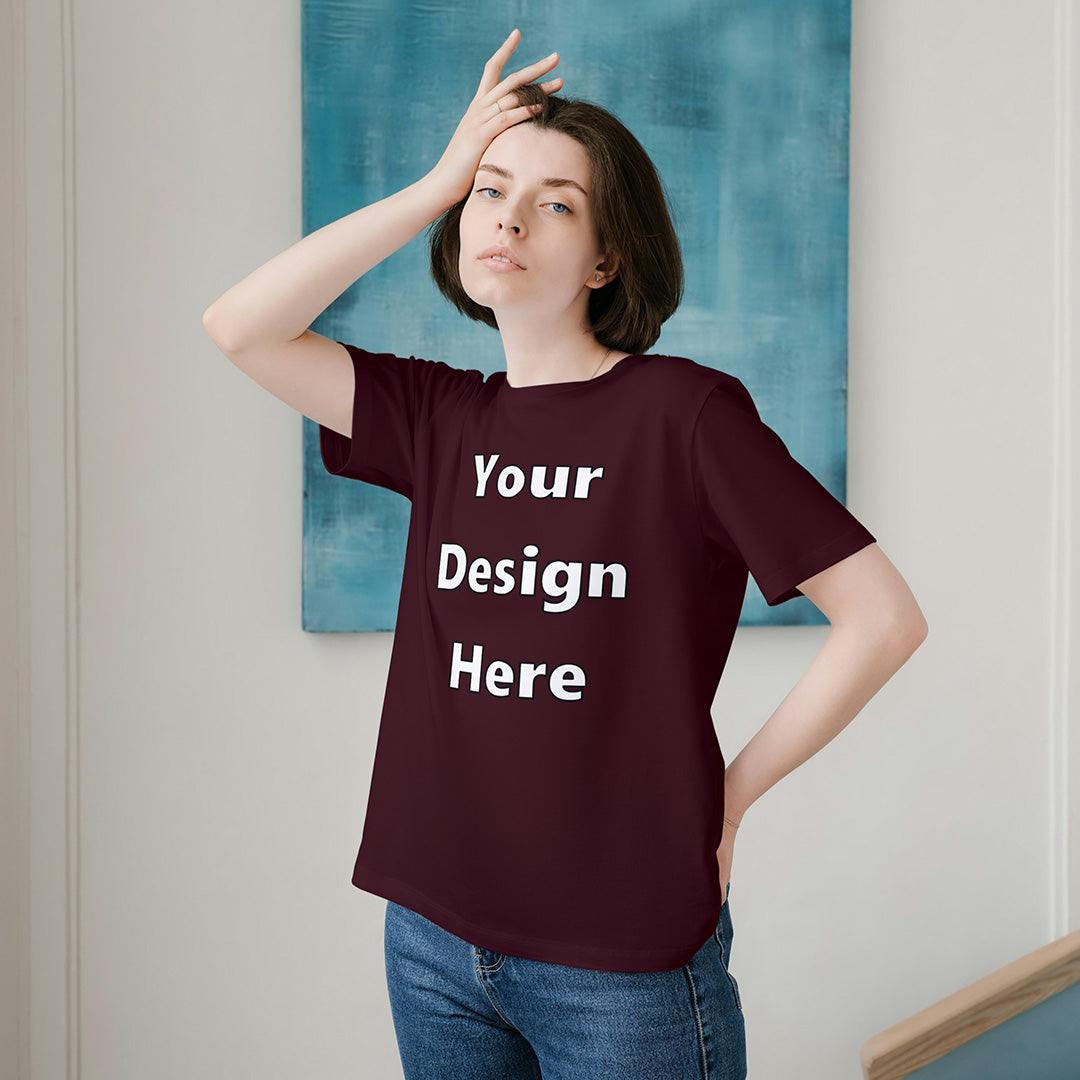 Maroon Round Neck Cotton Classic Crew T-shirt Front Customized Design | Unisex
