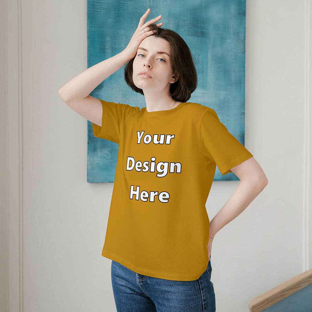 Mustard Yellow Round Neck Cotton Classic Crew T-shirt Front Customized Design | Unisex