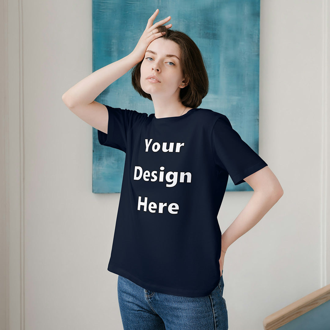 Navy Round Neck Cotton Classic Crew T-shirt Front Customized Design | Unisex
