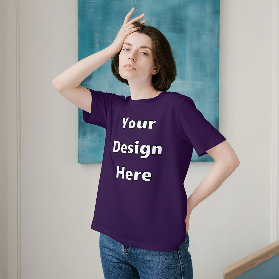 Purple Round Neck Cotton Classic Crew T-shirt Front Customized Design | Unisex