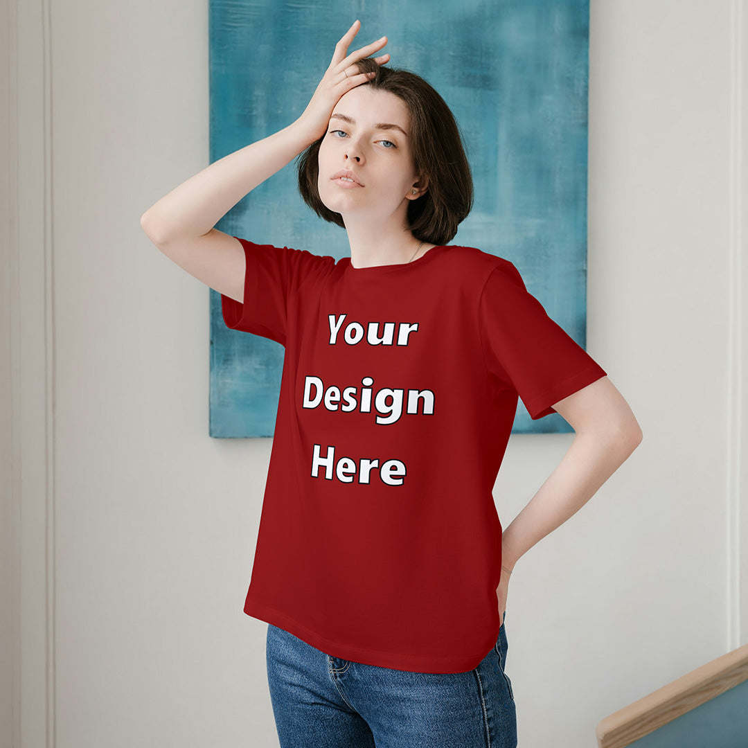 Red Round Neck Cotton Classic Crew T-shirt Front Customized Design | Unisex
