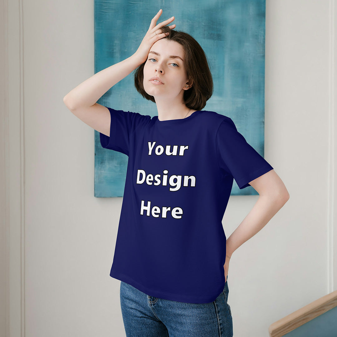 Royal Blue Round Neck Cotton Classic Crew T-shirt Front Customized Design | Unisex