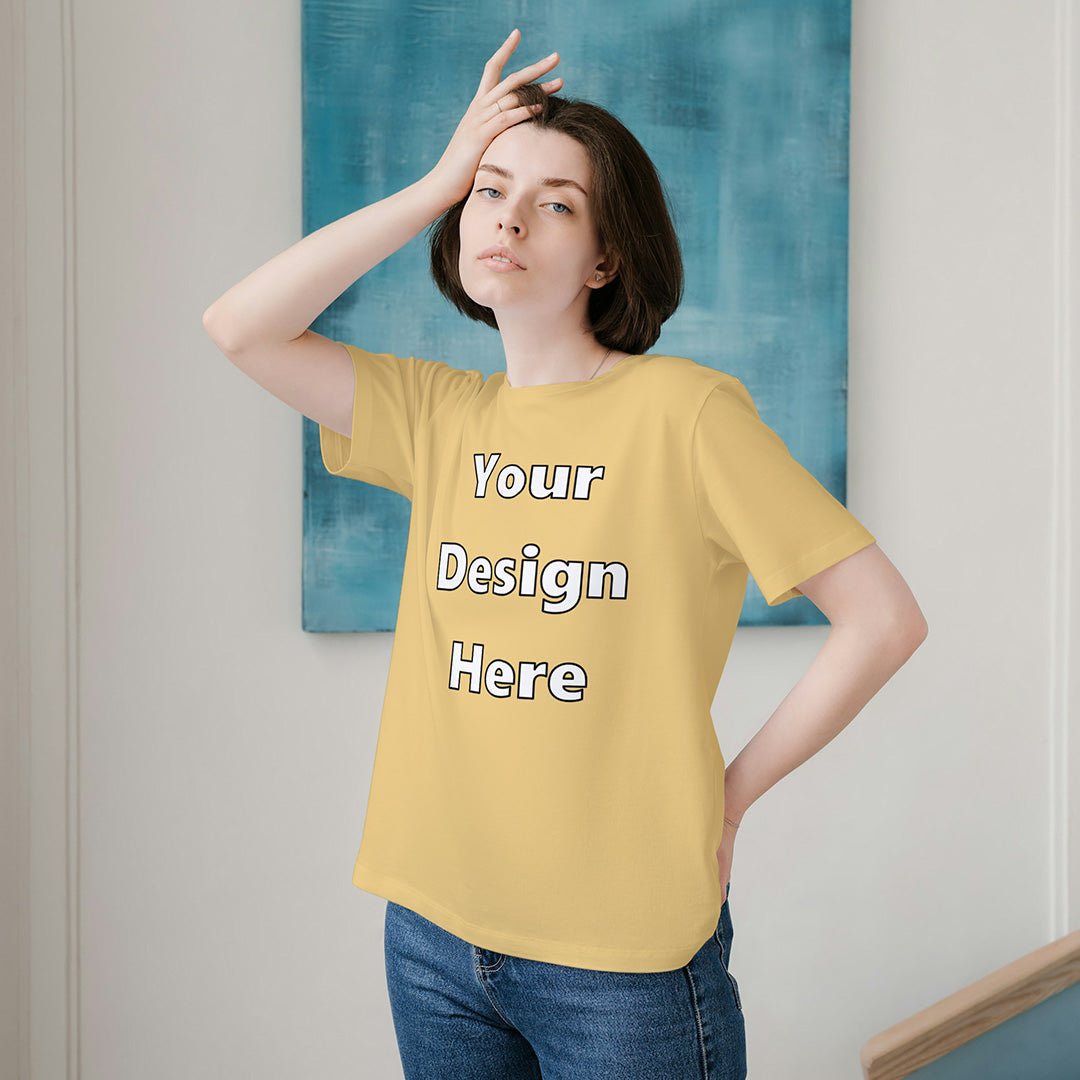 Beige Round Neck Cotton Classic Crew T-shirt Front Customized Design | Unisex
