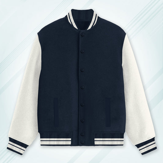 Navy Varsity Unisex Long Sleeves Band Neck Cotton Blend Varsity Jacket