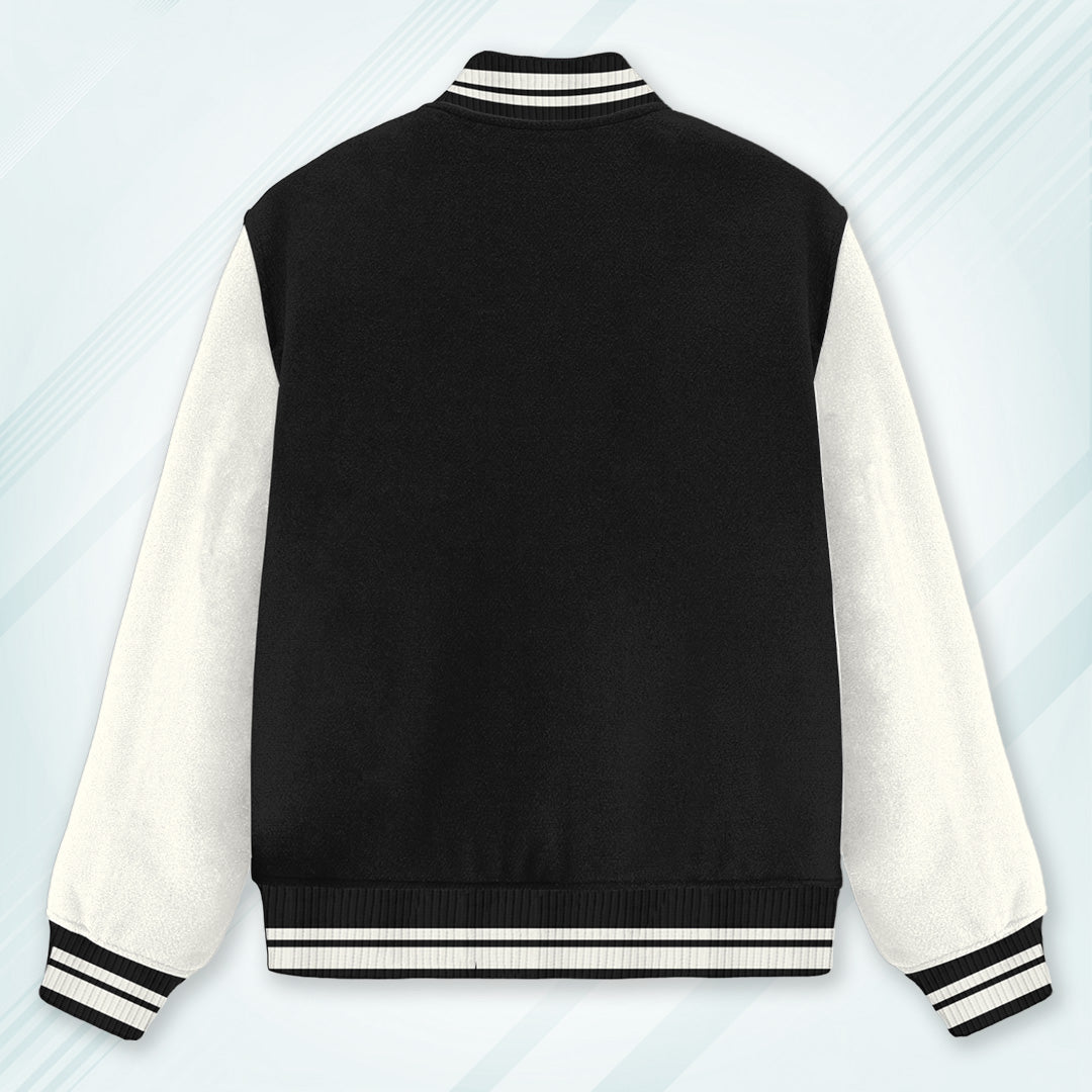 Black Varsity Unisex Long Sleeves Band Neck Cotton Blend Varsity Jacket