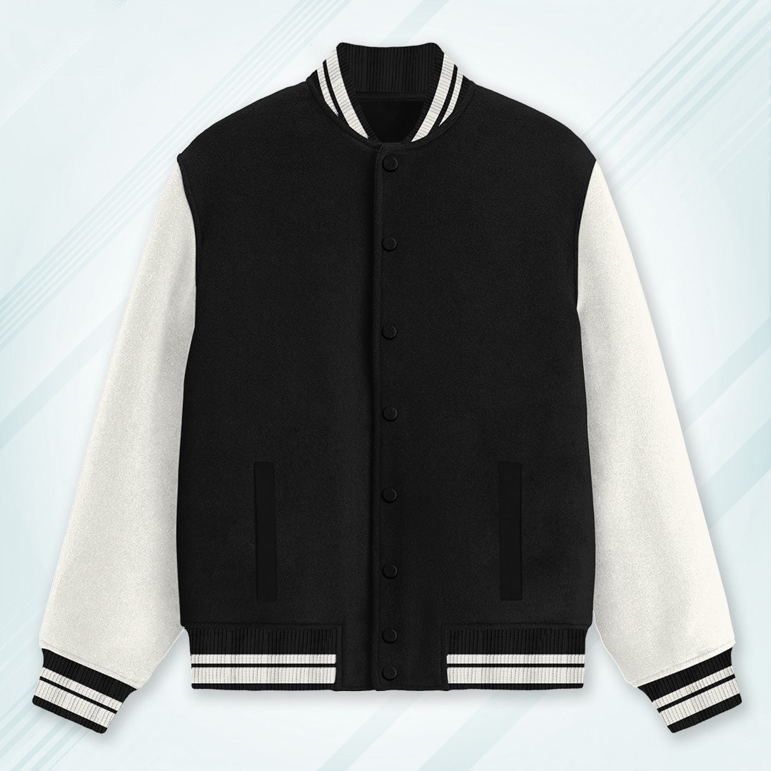 Black Varsity Unisex Long Sleeves Band Neck Cotton Blend Varsity Jacket