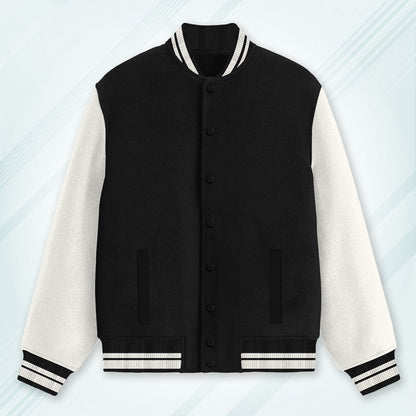 Black Varsity Unisex Long Sleeves Band Neck Cotton Blend Varsity Jacket