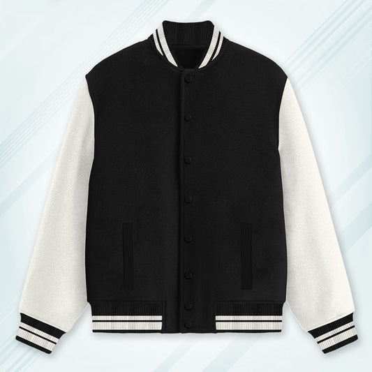 Black Varsity Unisex Long Sleeves Band Neck Cotton Blend Varsity Jacket