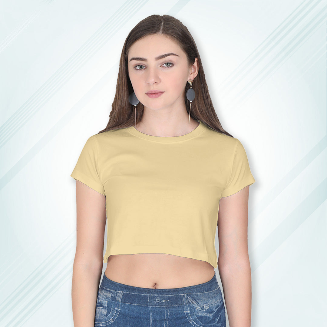 Beige Cotton Plain Round Neck Half Sleeve Crop Top | Women