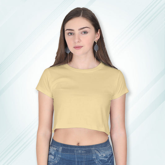 Beige Cotton Plain Round Neck Half Sleeve Crop Top | Women