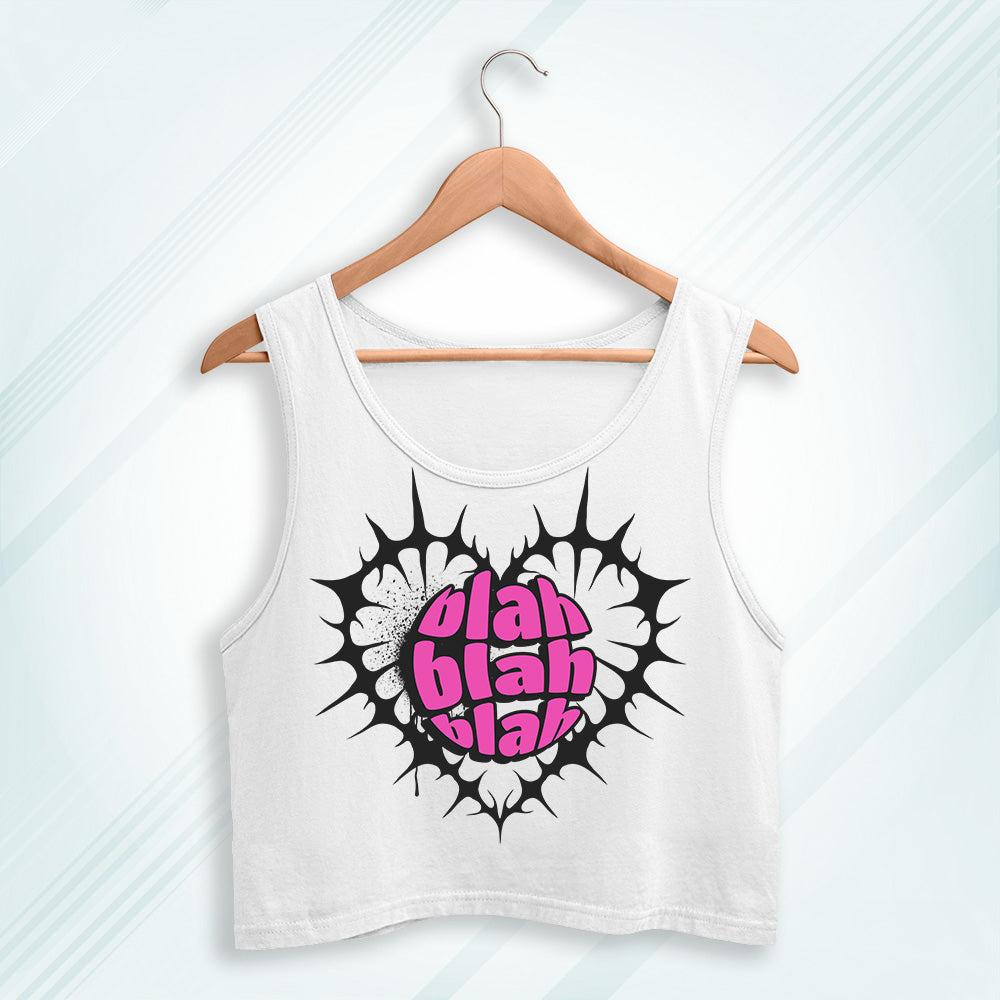 White Cotton Blah Blah Blah Printed Sleeveless Crop Tank | Women