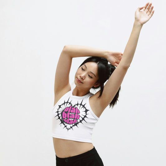 White Cotton Blah Blah Blah Printed Sleeveless Crop Tank | Women