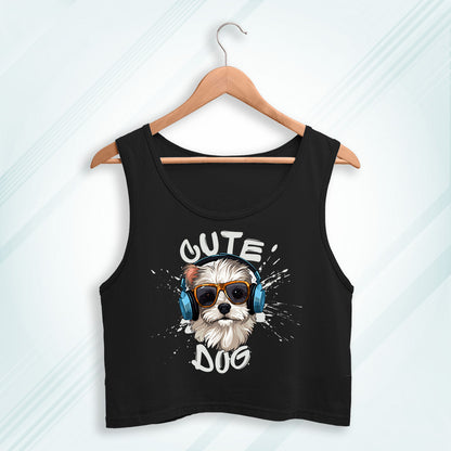 Black Cotton Cute Dog Printed Sleeveless Crop Tank | Women