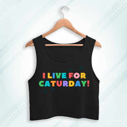 Black Cotton I Live For Caturday Printed Sleeveless Crop Tank | Women