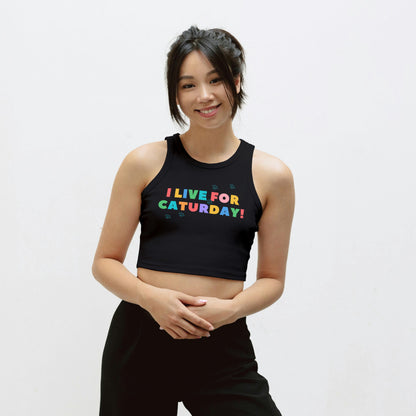Black Cotton I Live For Caturday Printed Sleeveless Crop Tank | Women