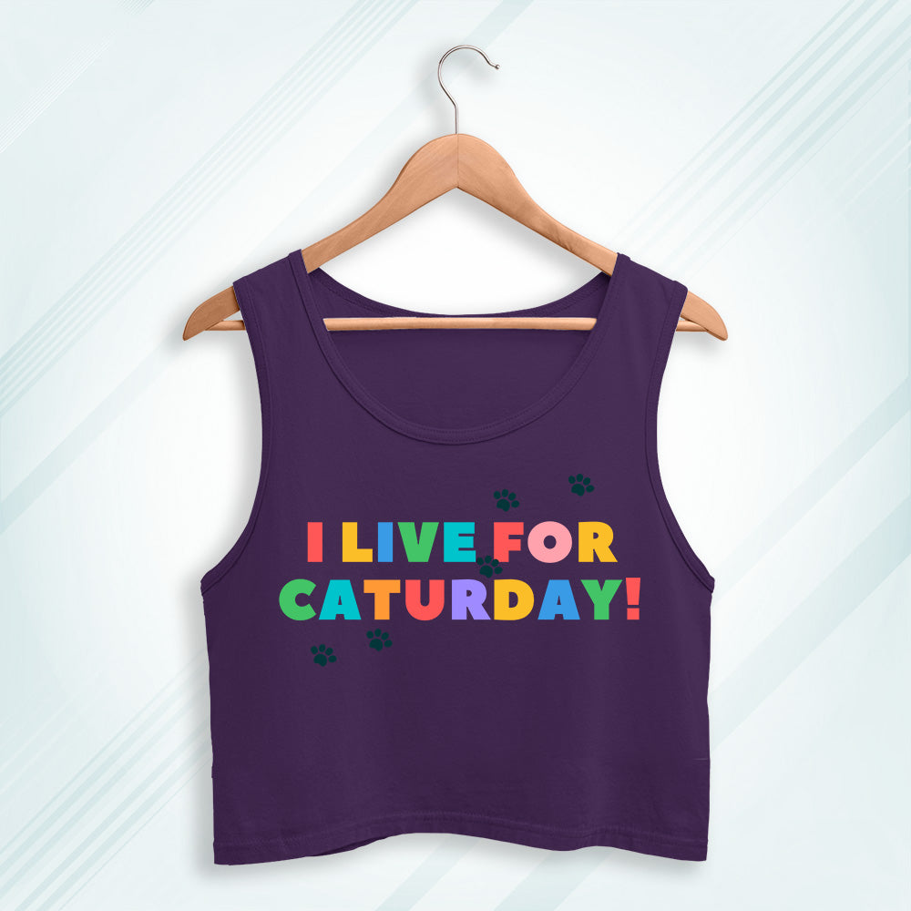 Purple Cotton I Live For Caturday Printed Sleeveless Crop Tank | Women