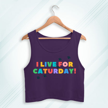 Purple Cotton I Live For Caturday Printed Sleeveless Crop Tank | Women