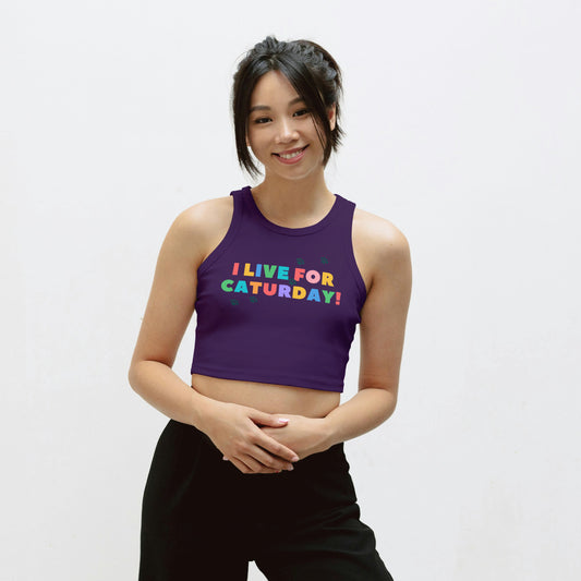Purple Cotton I Live For Caturday Printed Sleeveless Crop Tank | Women