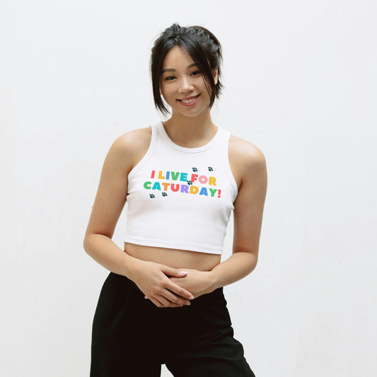 White Cotton I Live For Caturday Printed Sleeveless Crop Tank | Women