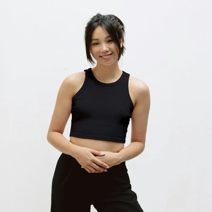 Black Cotton Solid Sleeveless Crop Tank | Women