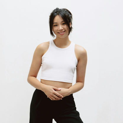 White Cotton Solid Sleeveless Crop Tank | Women