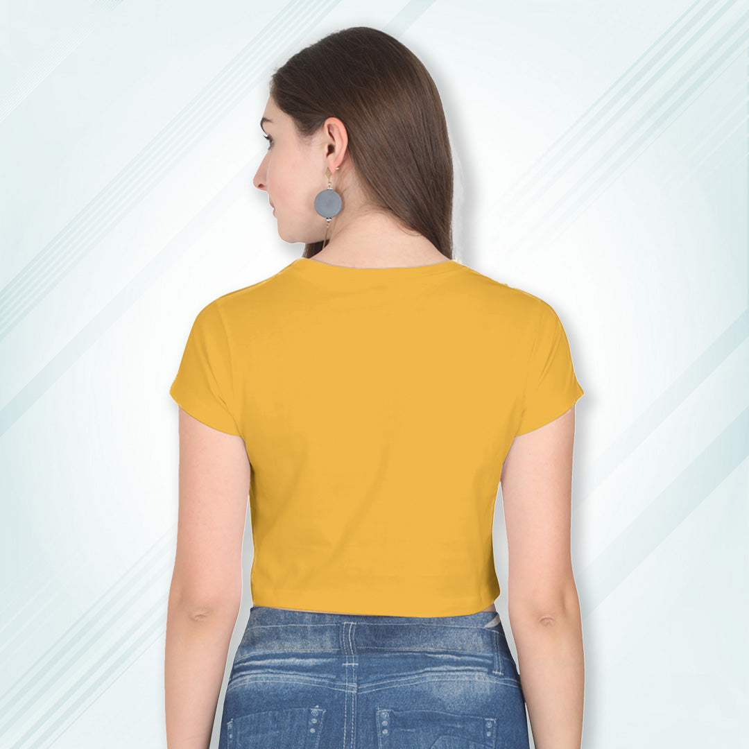 Golden Yellow Cotton Plain Round Neck Half Sleeve Crop Top | Women