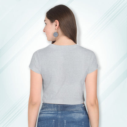 Grey Melange Cotton Plain Round Neck Half Sleeve Crop Top | Women