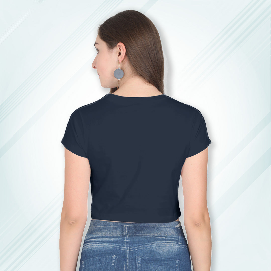 Navy Cotton Plain Round Neck Half Sleeve Crop Top | Women