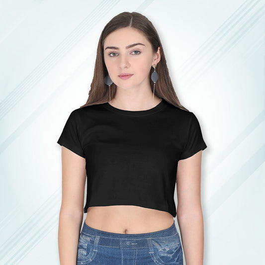 Black Cotton Plain Round Neck Half Sleeve Crop Top | Women