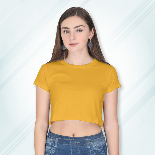 Golden Yellow Cotton Plain Round Neck Half Sleeve Crop Top | Women
