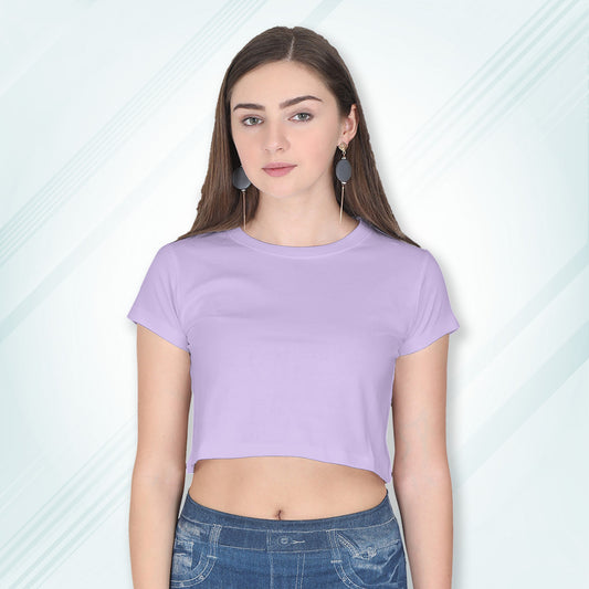 Lavender Cotton Plain Round Neck Half Sleeve Crop Top | Women