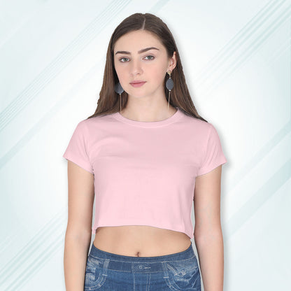 Light Pink Cotton Plain Round Neck Half Sleeve Crop Top | Women