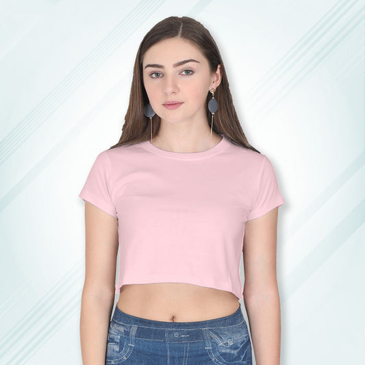 Light Pink Cotton Plain Round Neck Half Sleeve Crop Top | Women