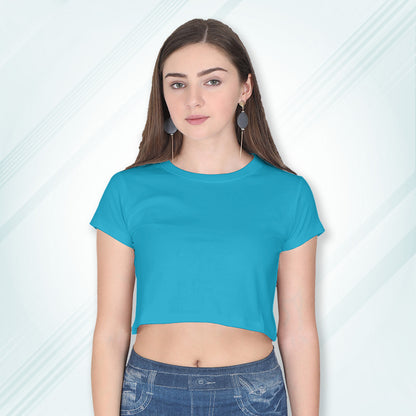 Sky Blue Cotton Plain Round Neck Half Sleeve Crop Top | Women