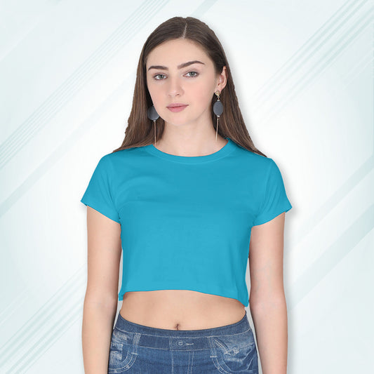 Sky Blue Cotton Plain Round Neck Half Sleeve Crop Top | Women