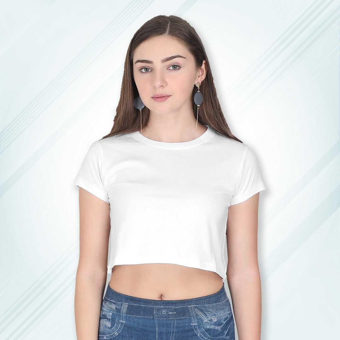 White Cotton Plain Round Neck Half Sleeve Crop Top | Women