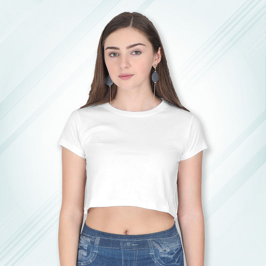 White Cotton Plain Round Neck Half Sleeve Crop Top | Women