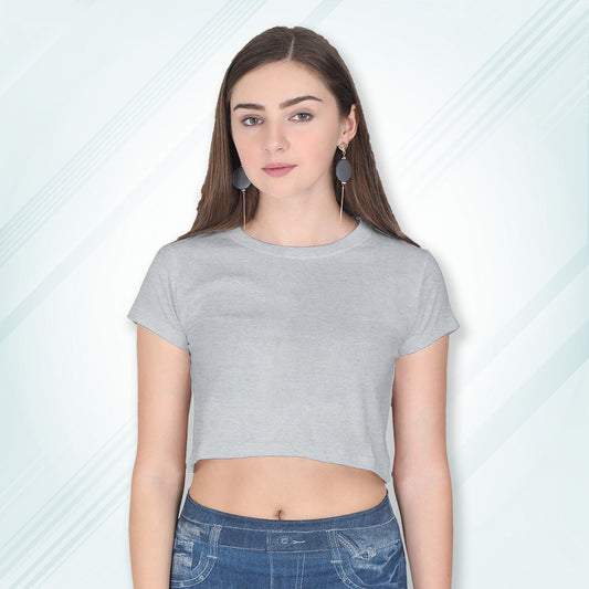 Grey Melange Cotton Plain Round Neck Half Sleeve Crop Top | Women