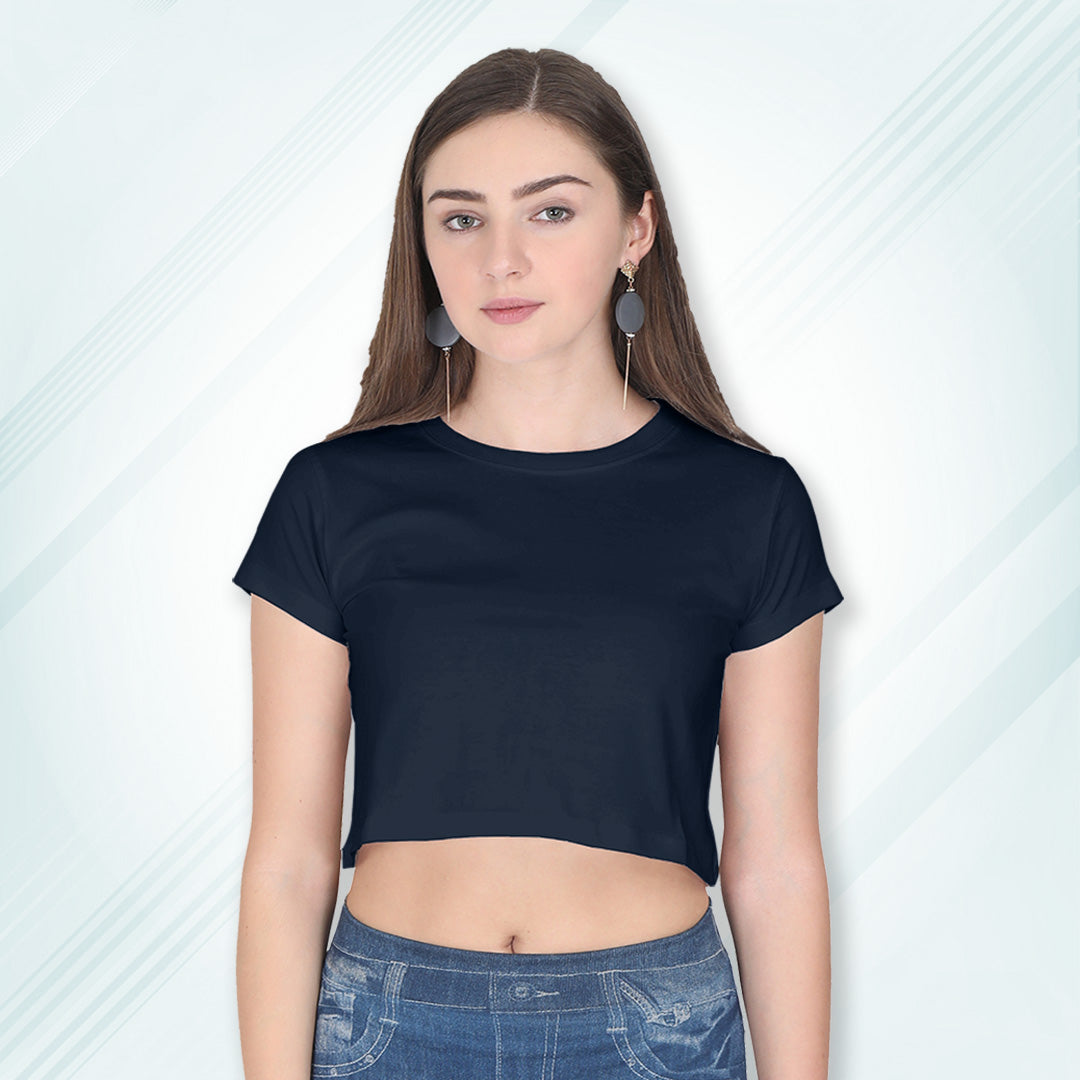 Navy Cotton Plain Round Neck Half Sleeve Crop Top | Women