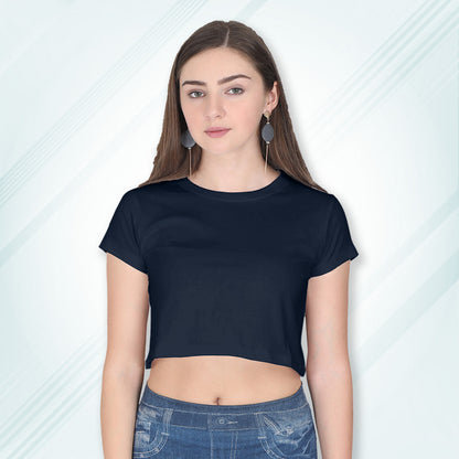 Navy Cotton Plain Round Neck Half Sleeve Crop Top | Women