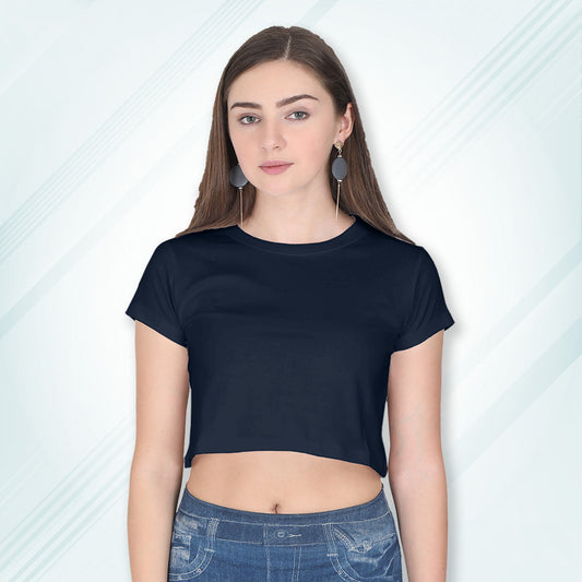 Navy Cotton Plain Round Neck Half Sleeve Crop Top | Women