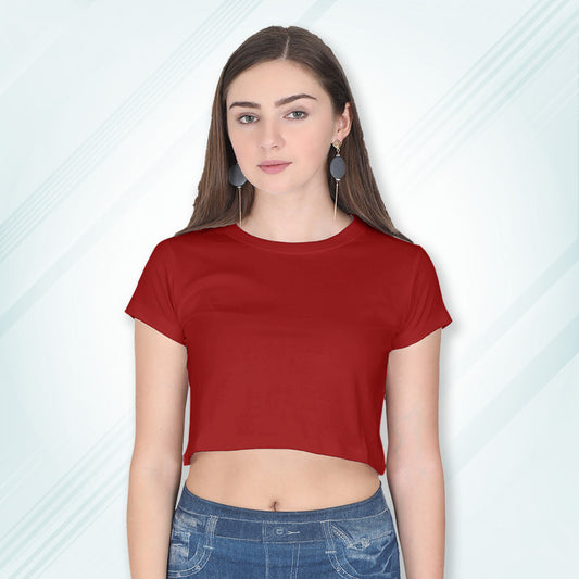 Red Cotton Plain Round Neck Half Sleeve Crop Top | Women